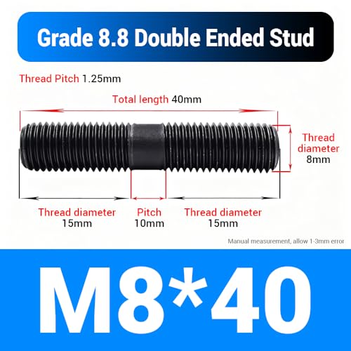 80pcs M8 x 40mm Double End Threaded Studs, Grade 8.8 Carbon Steel - size: M8*40-80PCS