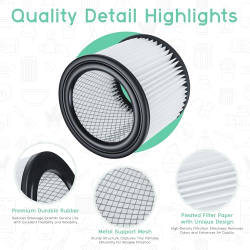 90398 Replacement Filter - Small Cartridge Vacuum Filter Pack of 2 Fit for Shop-Vac 90398/118692, 9039800, 903-98, 903-98-00 Wet and Dry Vacuum (2 Filters+ 1 Brush)
