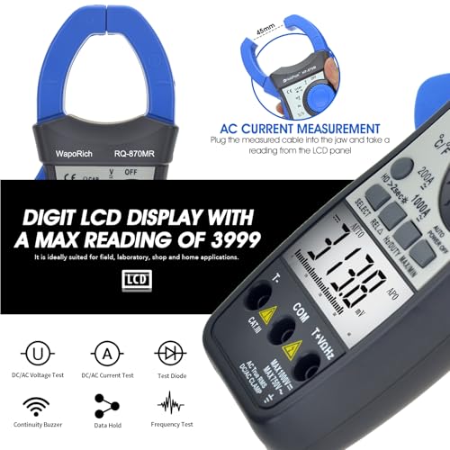 Clamp Multimeter TRMS Auto-Ranging, 4000 Counts AC/DC Voltage Current Meter, Temp Frequency Capacitance Diode Continuity Tester Backlit(RQ-870MR)