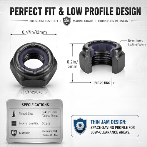 Shimeyao 50 Pack 1/4-20 Thin Nylon Insert Lock Nuts,Black - color: Black