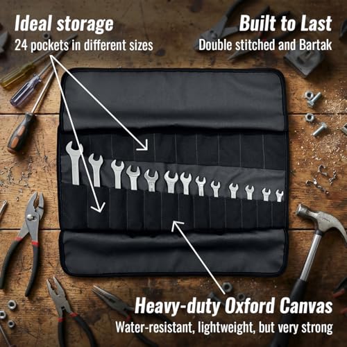 Under NY Sky Tool Roll, 24 Pocket Portable Oxford Canvas Wrench Bag, Black - size: 24 Slots Black
