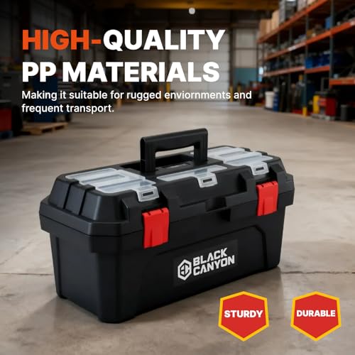 Black Canyon Tool Box - 19 Inch Plastic Dual-Layer Design, 44 lbs Load Capacity Portable Tool Box, Ergonomic Handle, Stackable & Top-Lid Storage, Perfect for DIY, Workshop & Job Site Organization - size: 19 IN.