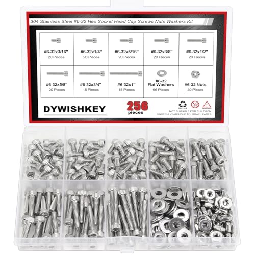 DYWISHKEY 256 Pieces #6-32 x 3/16", 1/4", 5/16", 3/8", 1/2", 5/8", 3/4", 1" Hex Socket Head Cap Screws Nuts Washers Assortment Kit, 6-32 Screw Kit, 304 Stainless Steel - size: #6-32, style: Socket Head