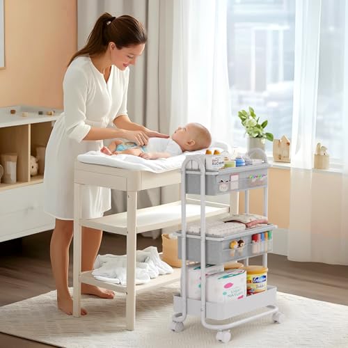 Modanais Baby Diaper Caddy Organizer Cart - 3 Tier Rolling Cart, Light Gray - color: Light Gray