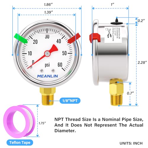 MEANLIN MEASURE 0~60Psi Stainless Steel Liquid Filled Pressure Gauge, 1/8" NPT 1.5" Luminous Dial, Glycerin Filled for Water Oil Air Lower Mount with 2PCS Snaps - color: Lower Mount, size: 0-60Psi