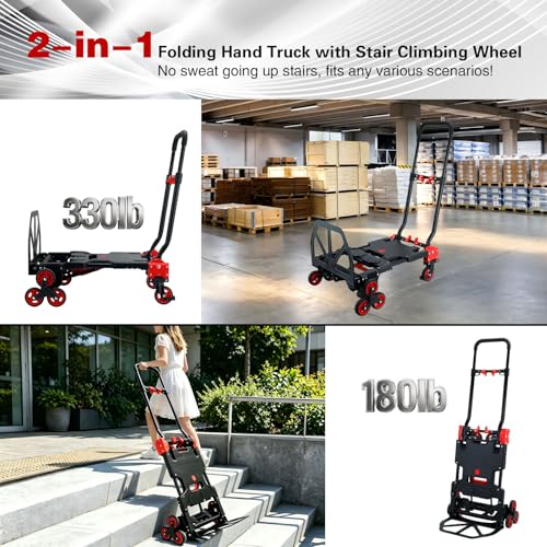 2 in 1 Folding Hand Truck Dolly,330LB Stair Climbing Dolly Cart,Red - color: Red
