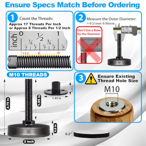 M10 Heavy Duty Leveling Feet 4Pk, 2" Wide Base, Raise 0.8" to 2.25"