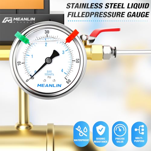 MEANLIN MEASURE 0~60Psi Liquid Filled Pressure Gauge 1/4" NPT 2.5" FACE DIAL Stainless Steel Glycerin Filled WOG Water Oil Air Back Mount (with 2PCS Snaps) - size: 0-60Psi