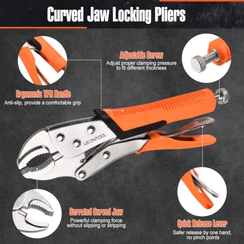 Locking Pliers Set, 10" Curved Jaw & 6.5" Long Nose Vise Grip Pliers, Forged Carbon Steel, Anti-Slip TPR Handle, Adjustable Clamping Pressure, Quick Release for Welding, Automotive, Plumbing - style: 10" Curved Jaw & 6.5" Long Nose