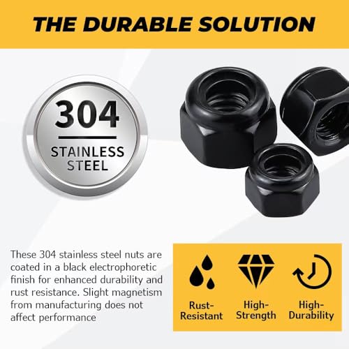 100pk 1/4-20 Black Nylon Insert Hex Lock Nuts, 304 SS, Industrial Grade A2 - color: Black, size: 1/4-20