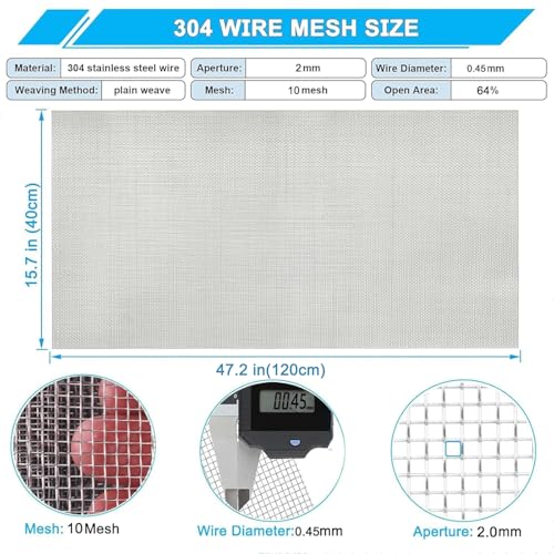 Stainless Steel Mesh Screen 10Mesh 304, 15.7" x 47.2", 2mm Hole - size: 40 x 120 cm, style: 10Mesh x 0.45mm