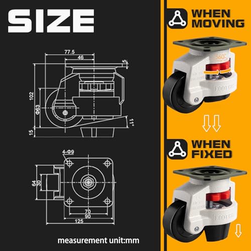 Heavy Duty Machine Retractable Casters - 4400 lbs Per Set - size: 2.5 INCH