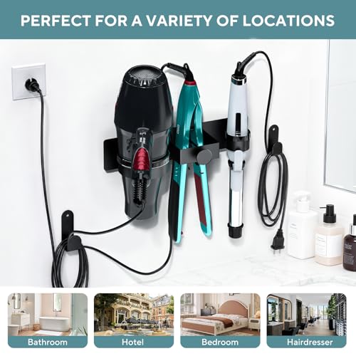 Hair Dryer Holder Wall Mounted, Blow Dryer Holder with Plug&Cord Organizer