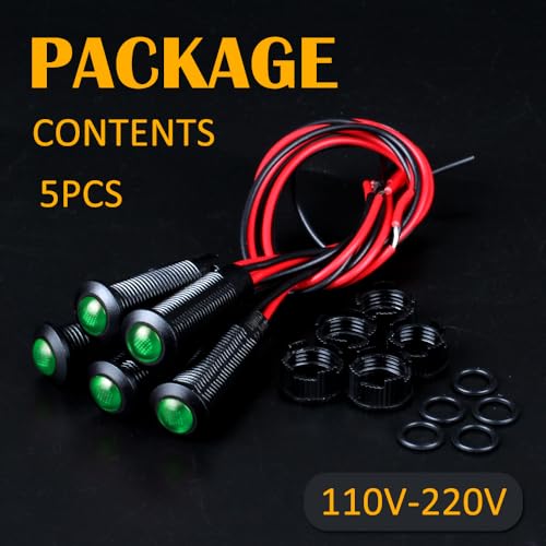 5pcs 8mm LED Indicator Light Plastic Black Signal Dot Lamp 110-220VAC 5/16" Mounting Hole Size with 15cm/5.9in. Wire (Green LED) - color: Green, size: 8mm 110-220V
