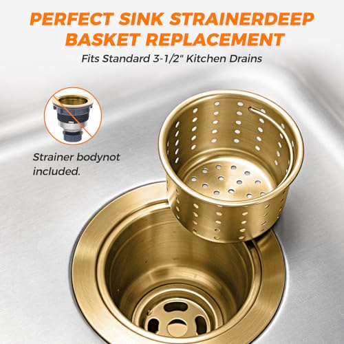 Deep Sink Strainer Basket – Fits Standard 3-1/2" Kitchen Drains – Gold Stainless Steel Removable Strainer with 30 Disposable Mesh Bags – Makes Cleaning Food Debris Quick & Easy - color: Gold
