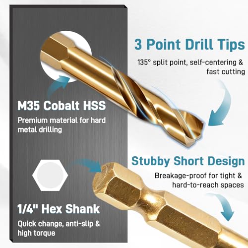 7Pcs Cobalt Stubby Drill Bit Set M35 HSS 1/4" Hex Shank 3/32"-3/8"