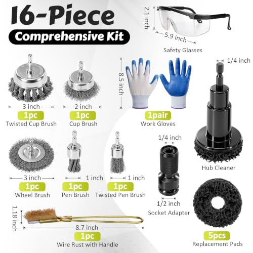 ACOCO 1/4" Hex Shank Wheel Hub Cleaning Tool and Wire Brush Set, 16pcs - color: 16pcs