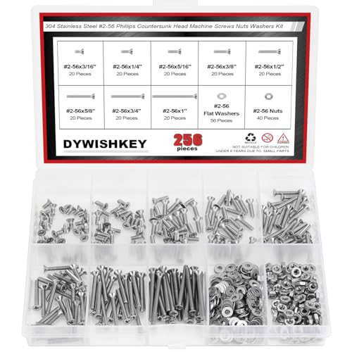 DYWISHKEY 256 Pieces #2-56 x 3/16", 1/4", 5/16", 3/8", 1/2", 5/8", 3/4", 1" Phillips Countersunk Head Machine Screws Nuts Washers Assortment Kit, 2-56 Screw Kit, 304 Stainless Steel - size: #2-56, style: Phillips Countersunk Head