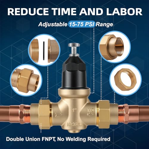 Upgraded 1" Brass Pressure Reducing Valve,Water Pressure Regulator for home with Double Union FNPT Connection - Stainless Steel Strainer Screen (1 inch)