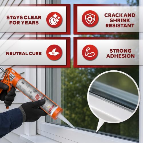 XFasten Clear Silicone Caulk Neutral Cure 10.1 oz – 100% Waterproof Silicone Sealant, Crack and Shrink Resistant, Low Odor, Strong Adhesion Caulking for Kitchen, Bath, Window, Shower, Outdoor Use - color: Clear