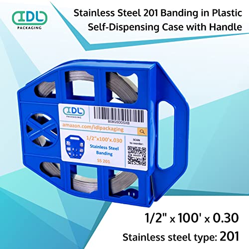 IDL Packaging 1/2" x 100' x .030" Stainless Steel 201 Banding in Plastic Self-Dispensed Case - Highest Break Strength and Shock Resistance Banding - Excellent for Extra Cold Environments - size: 1/2" x 100' x 0.030", style: 201 stainless steel