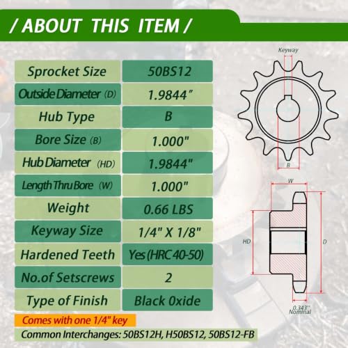 50BS12-1#50 Roller Chain Sprocket 12 Tooth 1" Bore Finished Bore Type B, Black Oxide Hardened Carbon Steel with Keyway, 2 Set Screws & Key for Industrial Machinery - size: 1 inch, style: 12tooth