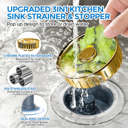 zaa 3 in 1 Kitchen Sink Drain Strainer Stopper Removable Basket Pop-Up - color: Gold