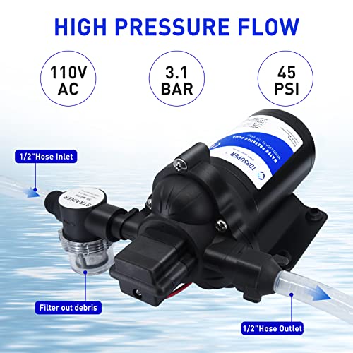 TDRSUPER Self-Priming Water Transfer Pump 110V AC, 4GPM 45PSI High Pressure Booster Pump, Black Stainless Steel Diaphragm Garden Sprinkler Pump for Home, Kitchen, Bathroom, Marine, Yacht - style: 110V 4GPM 45PSI