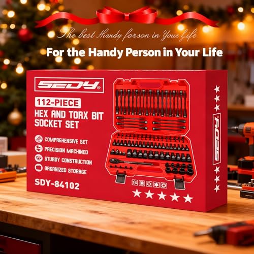 112-Piece Torx and Allen Bit Socket Set, 1/4", 3/8",1/2" Drive Bit Socket Set with Quick-Release Ratchet Wrench, Adapters, Extra long torx/Tamper proof torx/Hex/Ball End Hex/E-Trox,SAE/Metric,S2 Steel - style: 112-Piece Ultimate Set