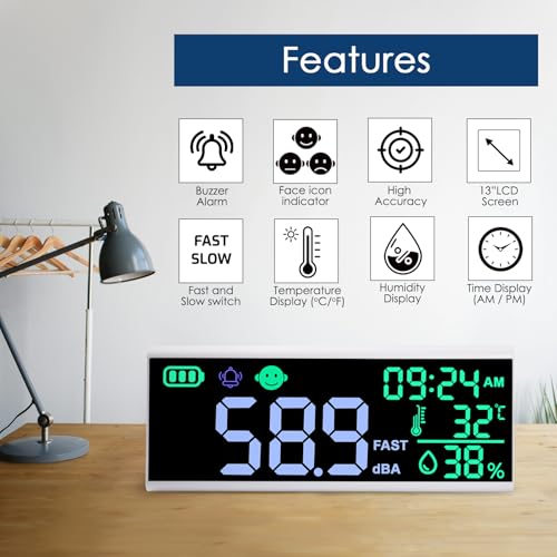 13 Inch Decibel Meter - Wall Hanging Sound Level Meter with Large LED Display, Noise, Temperature, Humidity, Time Monitor for Classroom