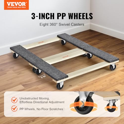 VEVOR Hardwood Furniture Moving Dolly, 30 in. x 18 in. 4 x 3 PP Swivel Casters, Heavy Duty Wooden Mover Dollies, Moving Cart with Wheels for Heavy Furniture, 1000 lbs. Capacity, Two Pack - size: 30 in. x 18 in