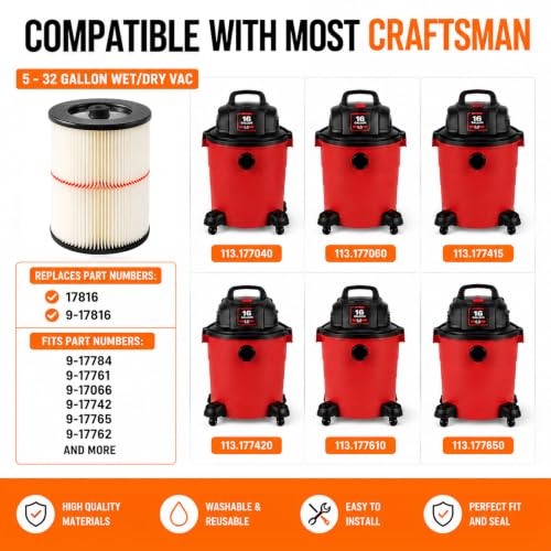 17816 Filter for Craftsman Shop Vac, Red Stripe Filter Fits 9-17816, 2 Pack - style: 17816-2P