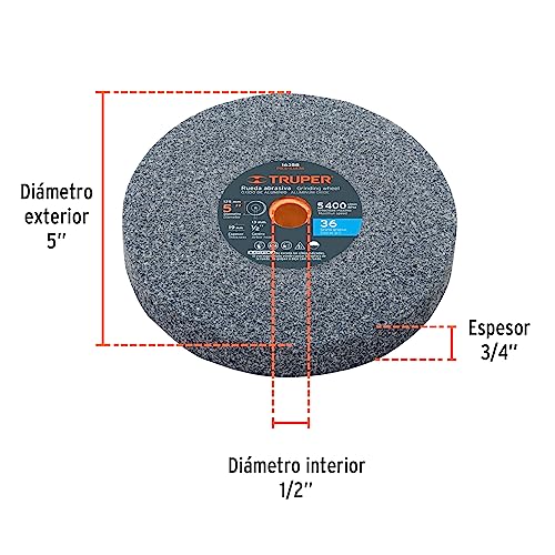 TRUPER PIES-53436 5" Aluminum Oxide Bench Grinding Wheels. Grit=36, Thickness=3/4", Arbor=1/2". 1 Pack