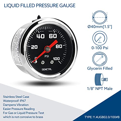 SENCTRL 0-100 Psi Fuel Pressure Gauge, 1/8" NPT Back Mount, Black Dial - size: 0-100 Psi, style: Back Mount(Black dial)