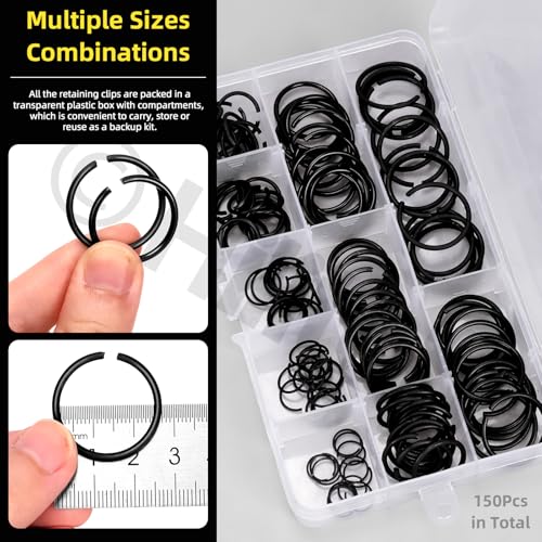 Hilitchi 150PCS Round Wire C-Clips 10 Sizes GB895.2 Retainer Clip Black Internal Snap Rings Round Wire Snap Rings Assortment Kit for Hole Shaft - size: GB895.2