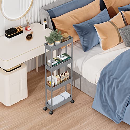 Sooyee 4 Tier Slim Storage Cart,Rolling Storage Cart,Narrow Shelf,Bathroom Rack,Mobile Shelving Unit Organizer for Kitchen, Bathroom, Laundry Room, Grey - color: Gray, size: Slim 4 Tier