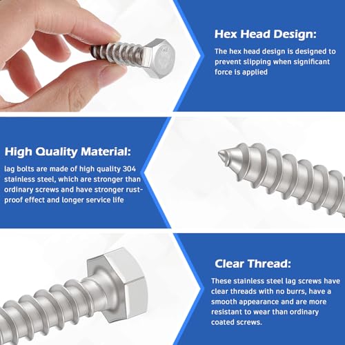 Zonon 50 Pcs 3/8'' X 1-1/2'' 304 Stainless Steel Lag Screw for Wood, Silver - color: Silver, size: 3/8" X 1-1/2"