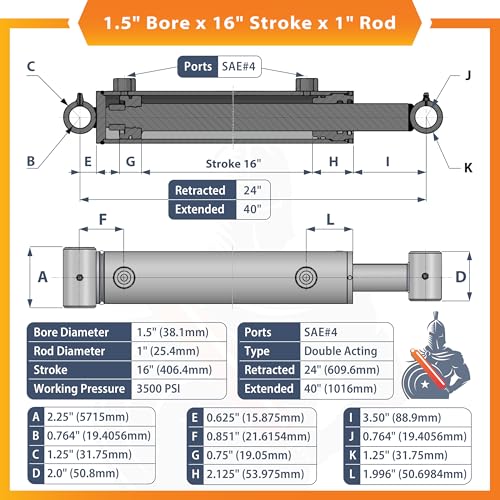 1.5x16 Hydraulic Cylinder - 1.5" Bore 16" Stroke Double Acting Welded Cross Tube Hydraulic Cylinder 3500 PSI Retracted: 24, Extended: 40,SAE#4 - size: 1.5x16