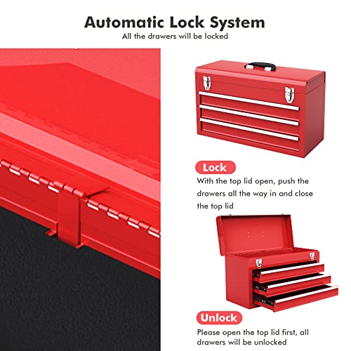 Goplus Tool Box, Portable 20” Tool Boxes with 3 Drawers, Top Tool Tray, Metal Lock Latch, Protective Liner, Auto Locking, Heavy Duty Steel Toolbox for Garage, Workshop, Mechanic - color: Red, size: 3 Drawers