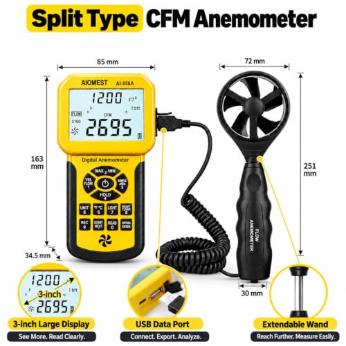 HVAC Air Flow CFM Meter, AIOMEST Pro Anemometer Split Wind Sensor AI-856A - color: Canary