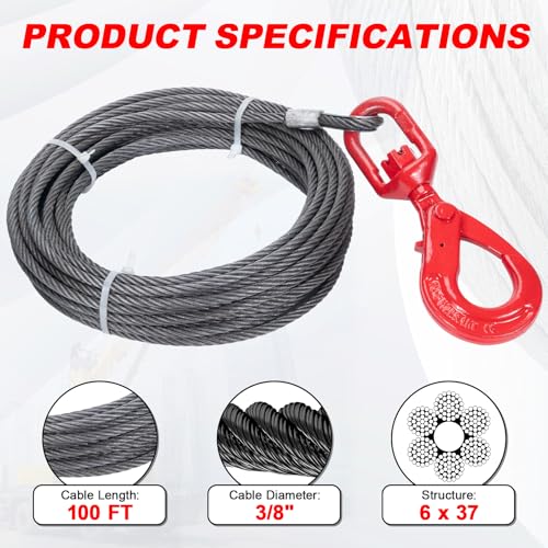 6x37 Heavy-Duty Winch Cable, 3/8 Inch x 100 Feet Steel Cable - size: 3/8"x100ft