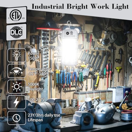 150W LED Temporary Work Light, 24750LM Jobsite Light, Linkable Up to 5 Lights, ETL & DLC Listed, IP64 Waterproof, 5000K Daylight, 100-277V AC Construction Work Light for Garage Warehouse Workshop - color: Gray