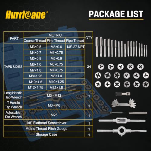 HURRICANE 40-Piece Metric TAP & DIE Set, GCR15 Steel Threading Tool Kit with 17 Taps & Dies, M3–M12, Complete Thread Repair Kits for Internal & External Threads, Automotive, Workshop & Home Use - size: 40 Pcs Metric