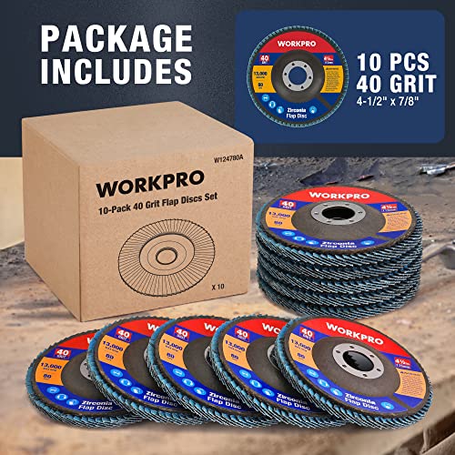 WORKPRO 10-Pack Zirconia Flap Discs, 4-1/2" x 7/8", T29, 40 Grit - style: 40 Grit