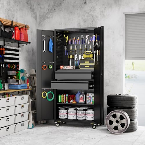 Metal Garage Storage Cabinet with Wheels, 2 Internal Drawers - color: Black, size: 15.5"D x 30"W x 71"H