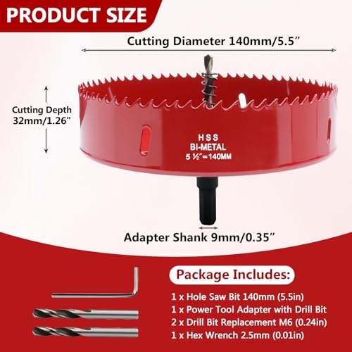 5.5 Inches/140mm Bi-Metal Hole Saw with Pilot Bit & Arbor - color: Red, size: 5.5 inches