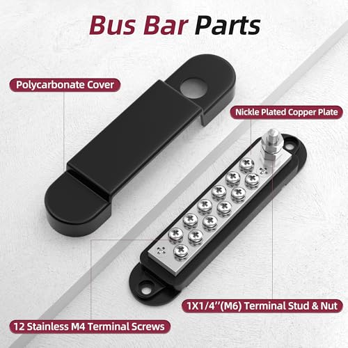 RVBOATPAT Marine Bus Bar 12V 150A Power Distribution Block 1/4" Stud & 12 x #8 Terminal Screws 12 Volt DC Ground Battery Bus Bar for Boat Automotive Solar - style: Black
