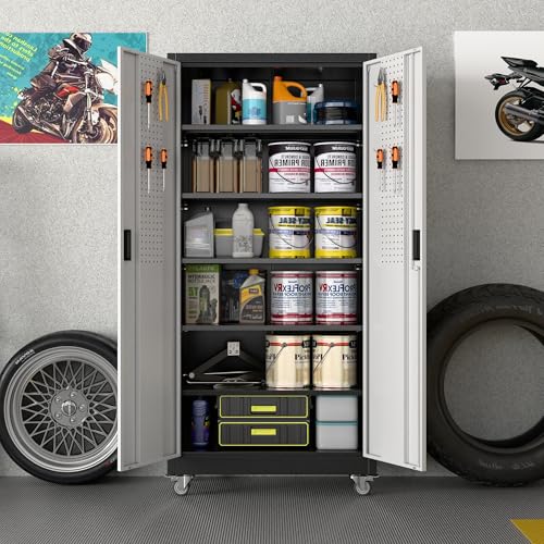 Garage Storage Cabinet with Wheels & Pegboard, Lockable Metal Storage Cabinet with Doors and 5 Adjustable Shelves for Garage, Home, Storage, Assembly Required, Black and Silvery, 71" H×34" W×18" D - color: Black-silvery, size: 18"D x 34"W x 71"H