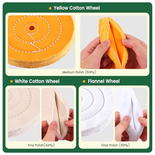 8 Inch Buffing & Polishing Wheel Kit for Bench Grinder, 1/2" Arbor Hole, 3 Polishing Wheels Yellow/White/Flannel with 3 Buffing Compound Set,Polishing Rouge Bar,Metal Aluminum Finishing Kit - size: 8 Inch - 6 PCS