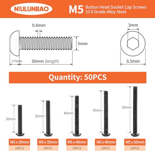 M5 x 30mm 35mm 40mm 45mm 50mm Button Head Socket Cap Screws Bolts 10.9 Grade Alloy Steel Metric, Black Oxide Finish, Allen Hex Drive, Machine Fully Threaded, Assortment Kit 50PCS - size: M5 x 30/35/40/45/50mm (50PCS)
